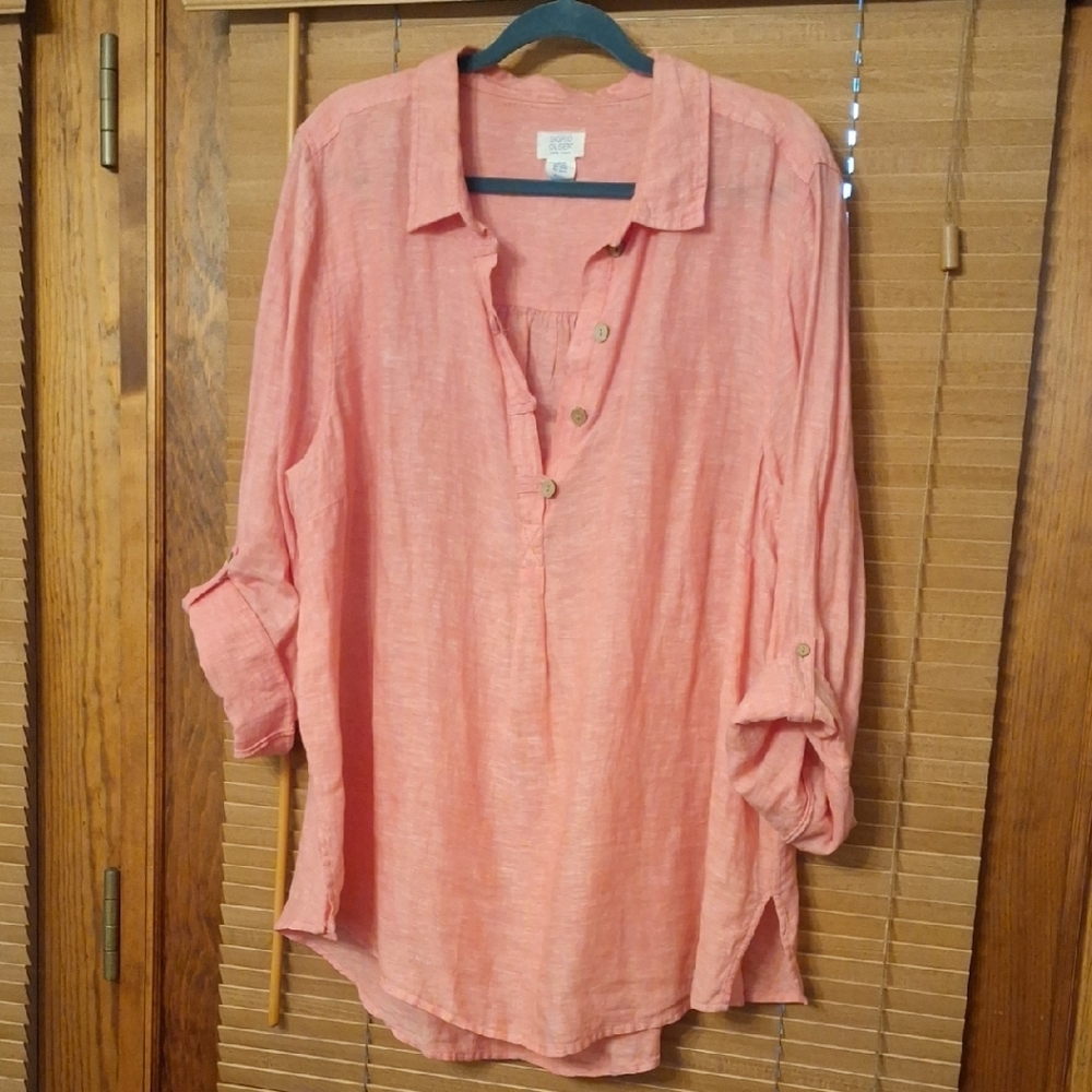 Sigrid Olsen salmon-pink 100% linen tunic 🩷 2x